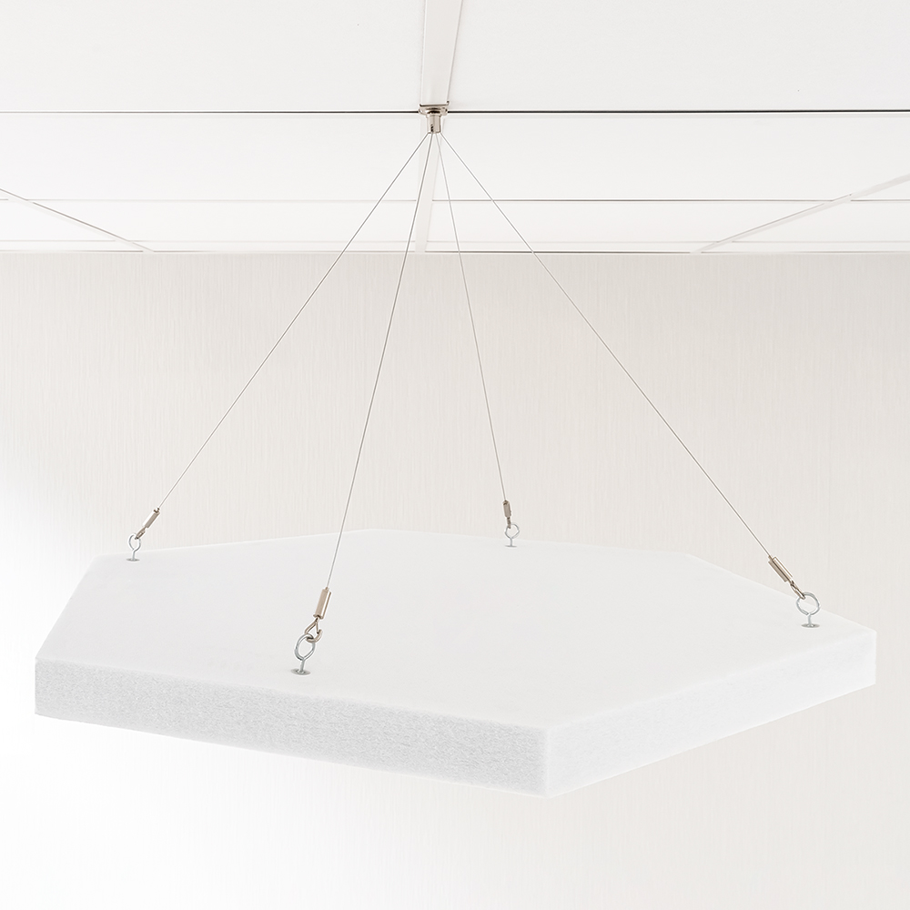 Artikelbild QP Schallabsorber-Sechseck rund aus 100% recyclebarem PET in weiß mit Abhängeset D: 600mm