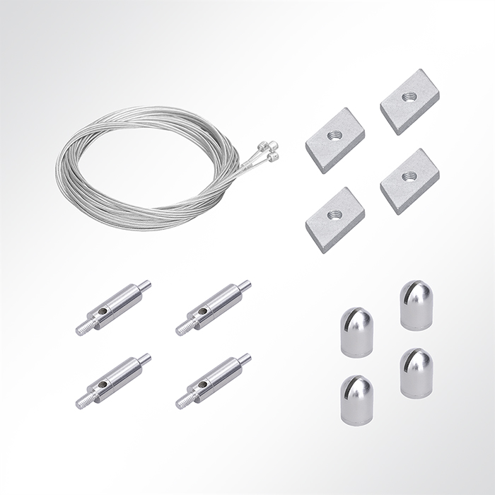 QP Abhängeset 4-fach für Akustikelemente mit Nutenstein M5 Drahtseil Ø1mm 2m